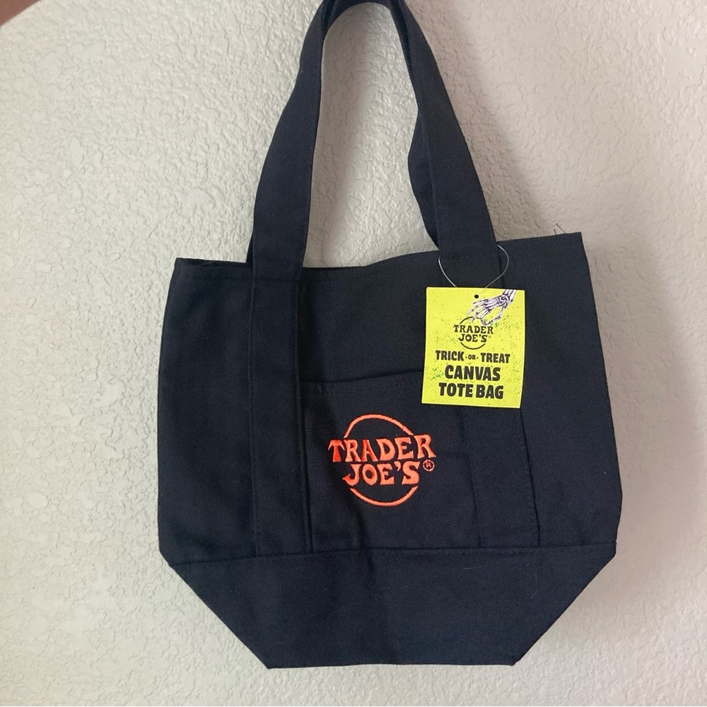 🆕 Trader Joe's Black Canvas Mini Tote with Orange Logo